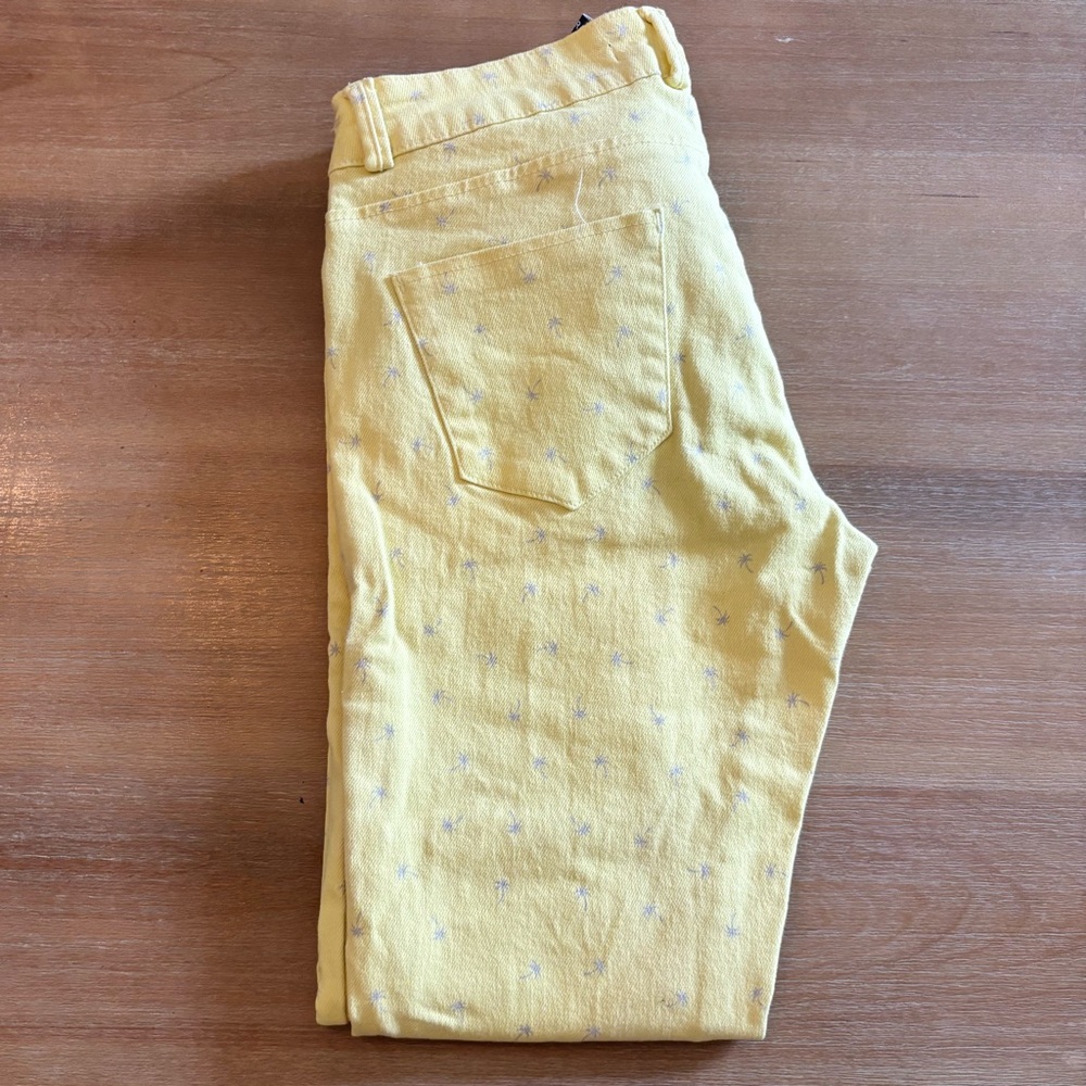 Pale Yellow Palm Tree Print Cotton Skinny Jeans, Size Small